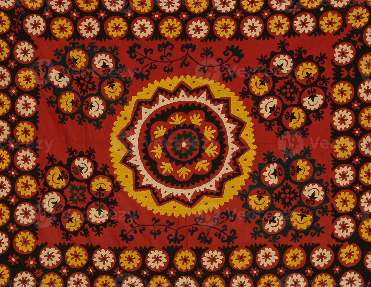 Background from the tissue with oriental ornaments and multi colored pattern, textile photo