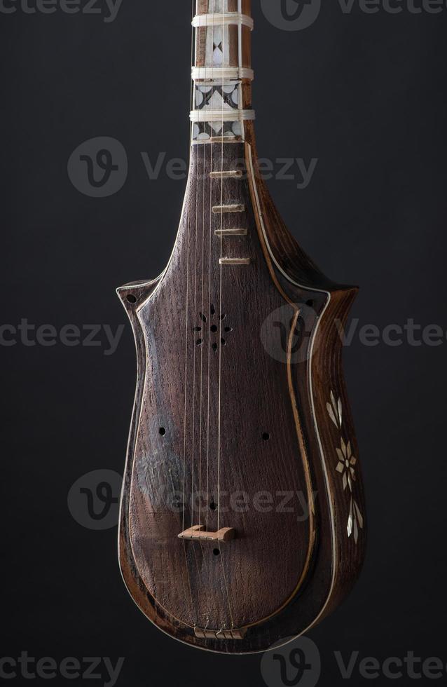 part ancient Asian stringed musical instrument on black background with backlight photo