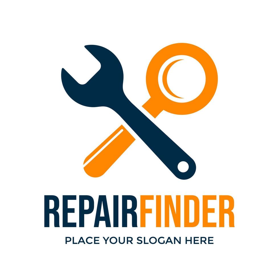 Repair finder vector logo template. This design use magnifying glass and wrench symbol. Suitable for industrial