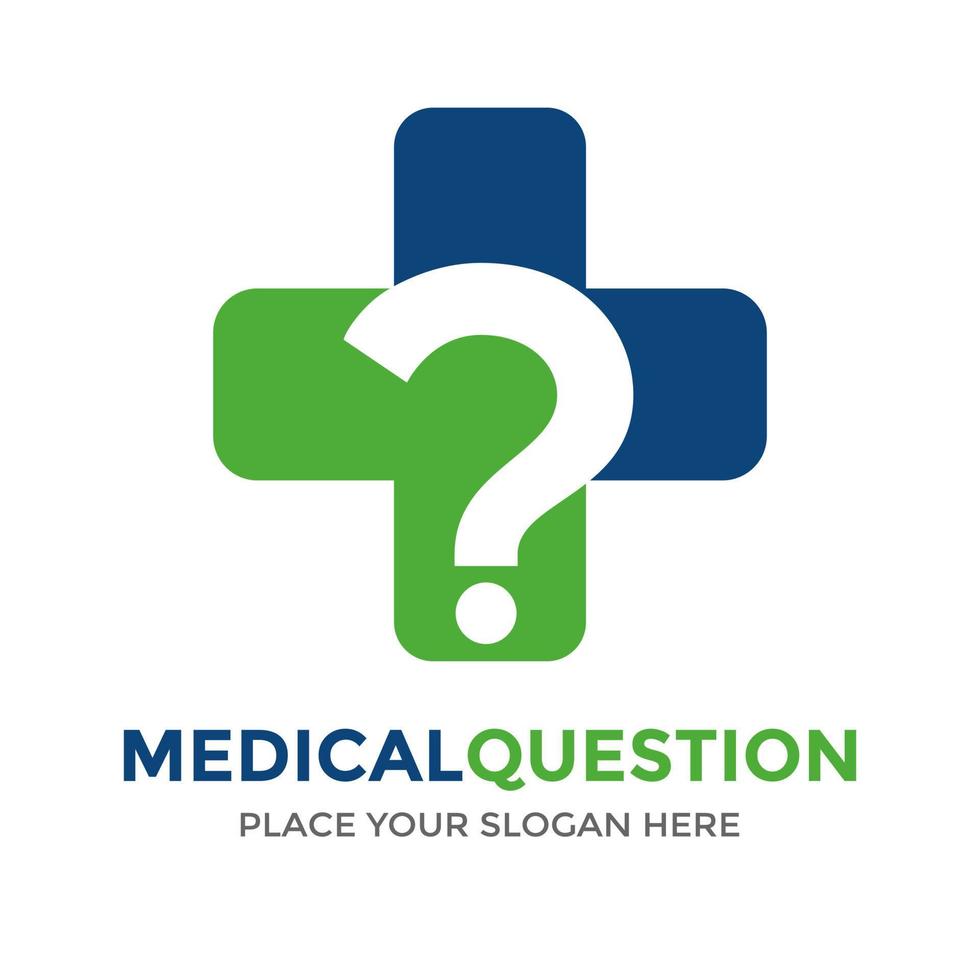 Medical question vector logo template. This design use cross symbol. Suitable for health.