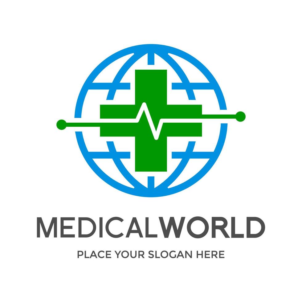 Medical world vector logo template. This design use cross health symbol. Suitable for global care.