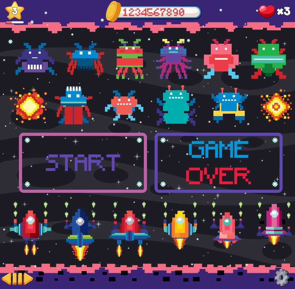 Retro pixel space game interface vector