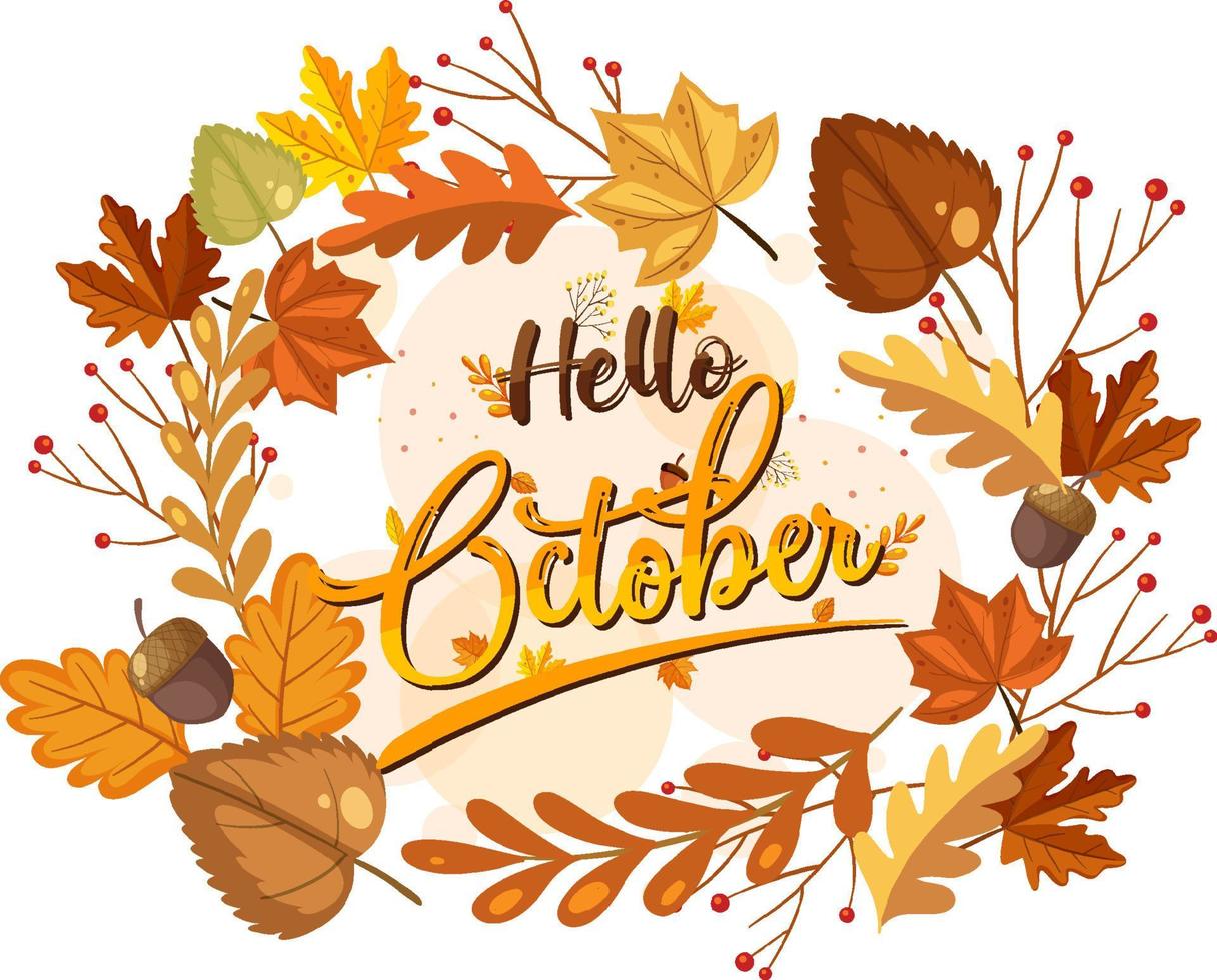 Hello October logo with ornamental autumn leaf vector