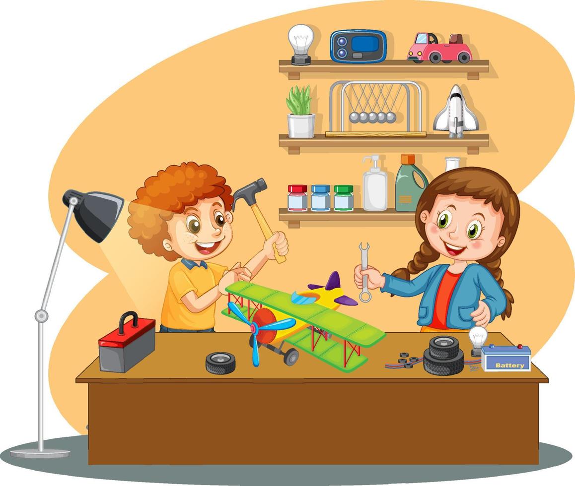 Children fixing a plane toy together on white background vector