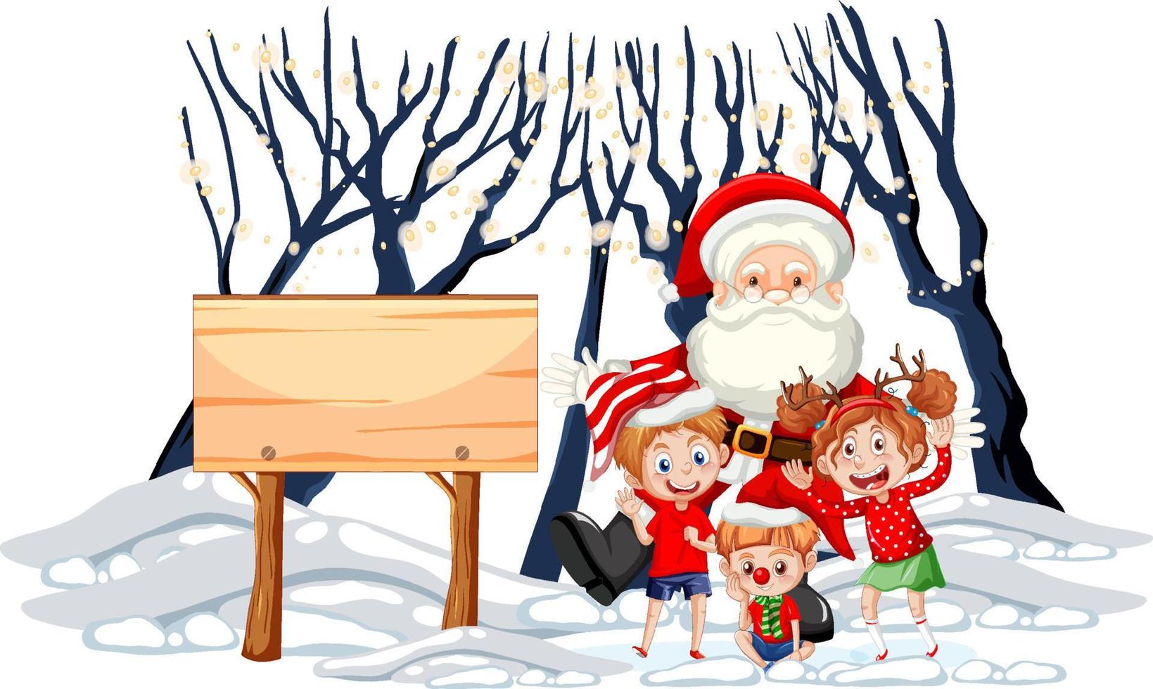 Santa Claus with childrenand empty wood banner vector