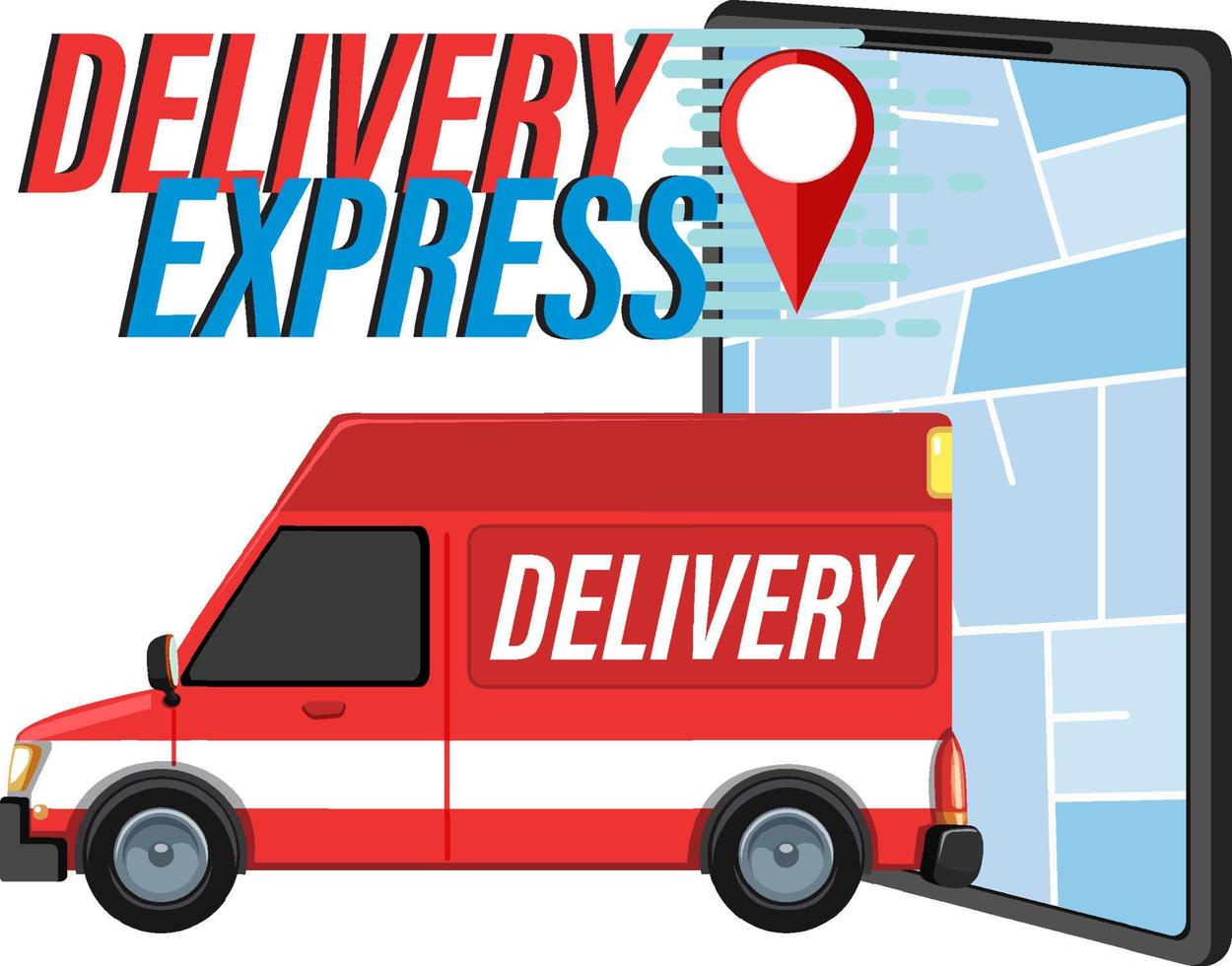 Delivery Express logotype with panel van and smartphone vector