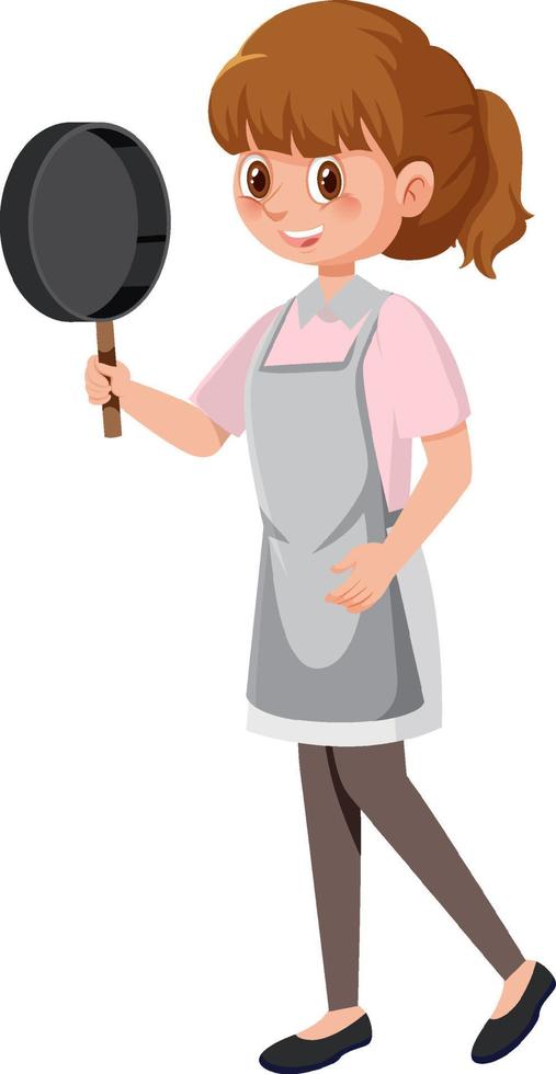 A woman holding a pan wearing apron cartoon character on white background vector