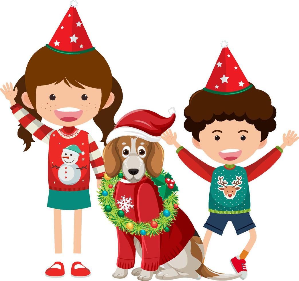 niños con perro beagle vistiendo trajes navideños vector