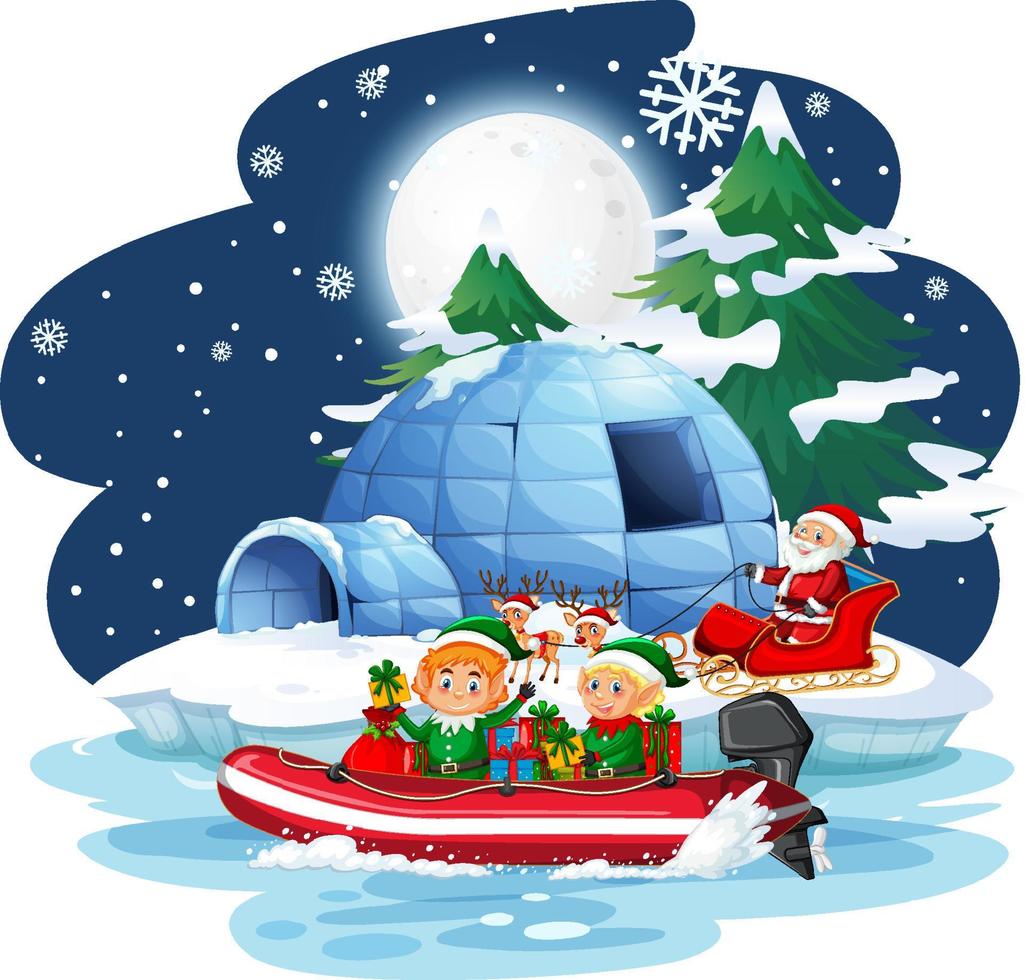 Snowy night with elves delivering gifts by boat vector