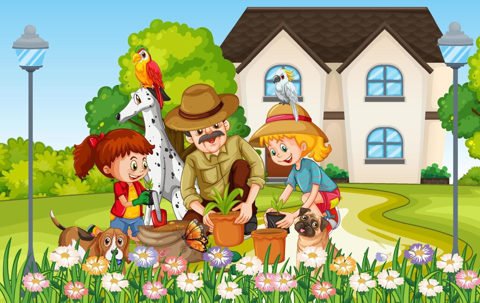 Outdoor scene with happy family and dogs vector