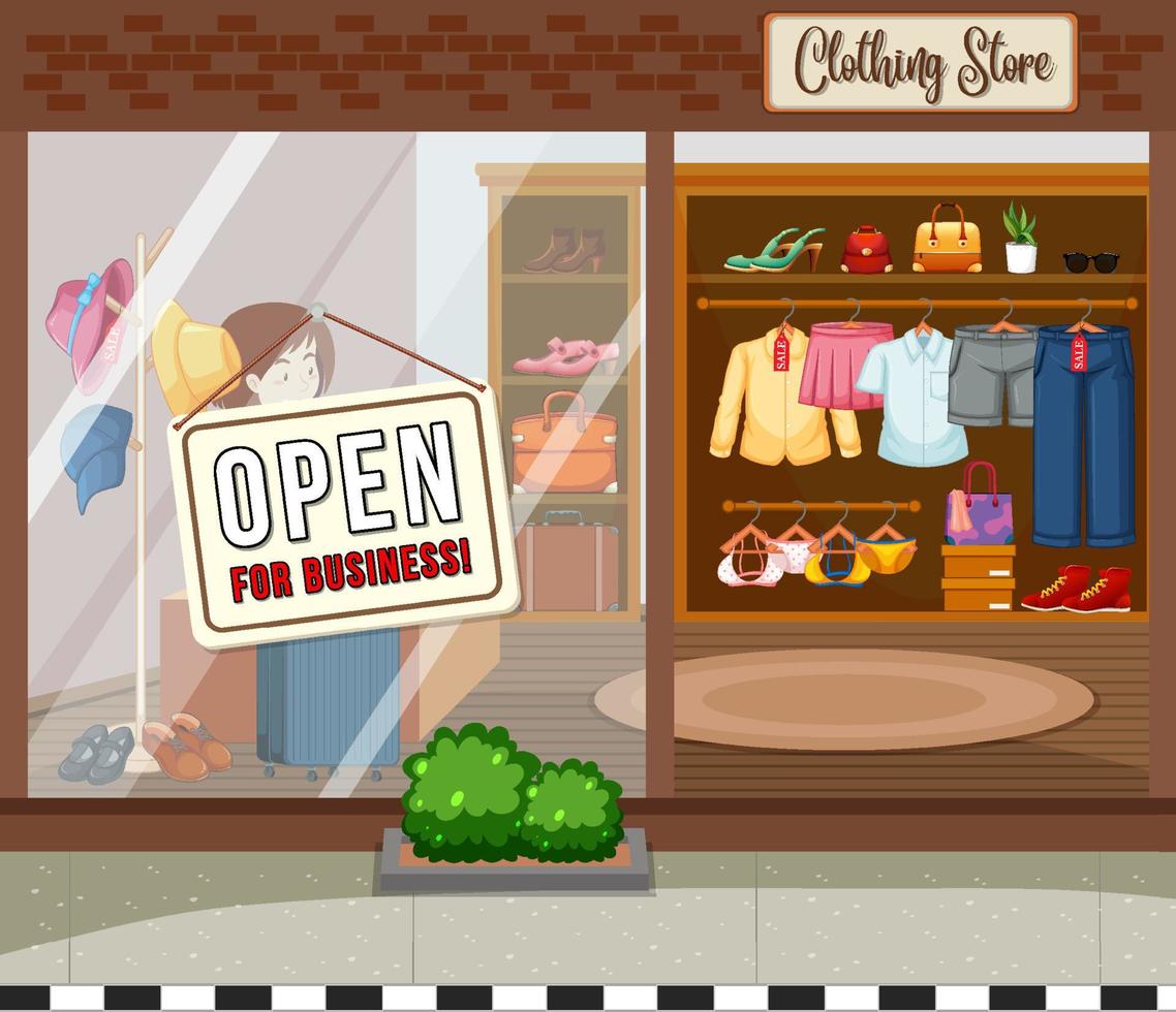 Clothing store with open for business banner vector