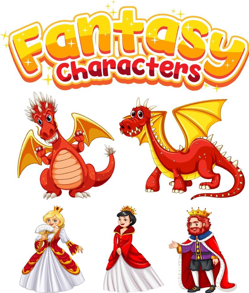 Set of dragons and fairy tale cartoon characters vector