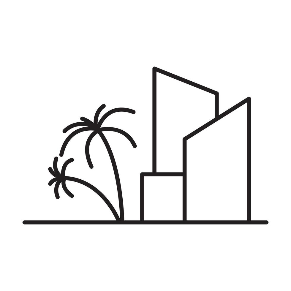 edificio minimalista con palmeras o cocoteros diseño de logotipo vector gráfico símbolo icono signo ilustración idea creativa