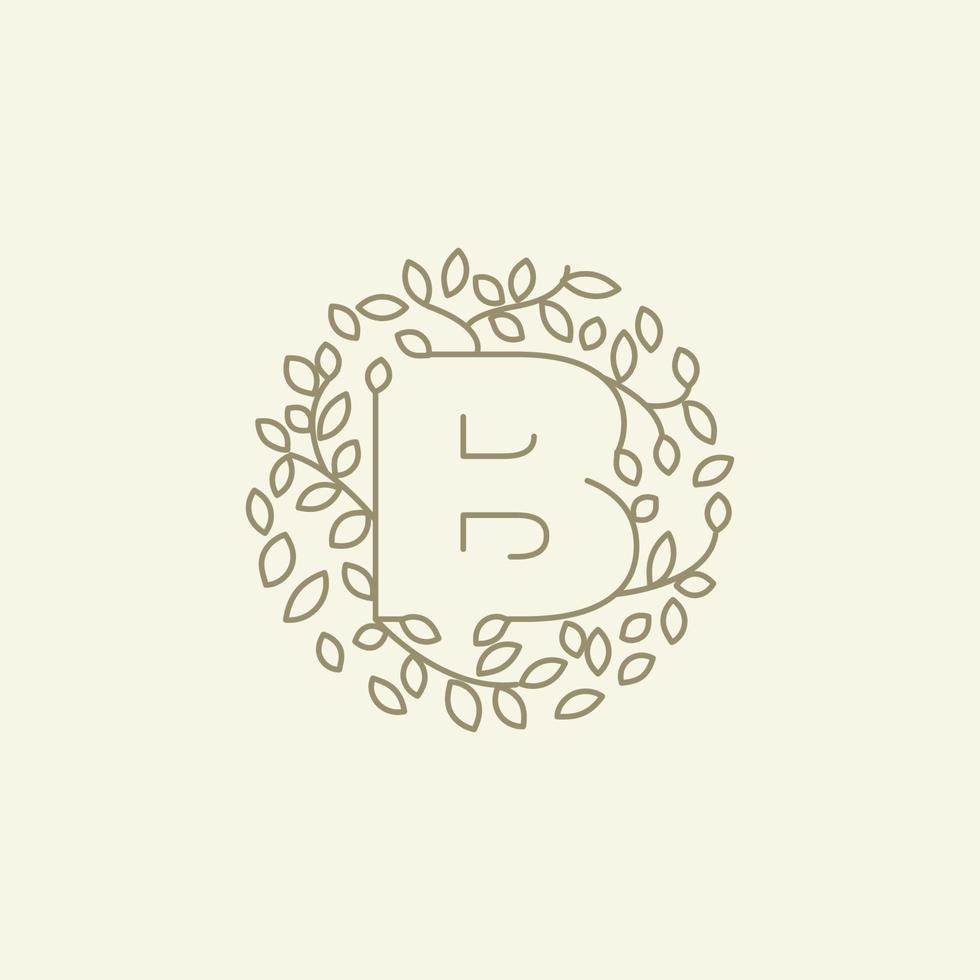 b inicial o letra b con adorno de planta de hoja en círculo de lujo vintage logo vector icono ilustración diseño