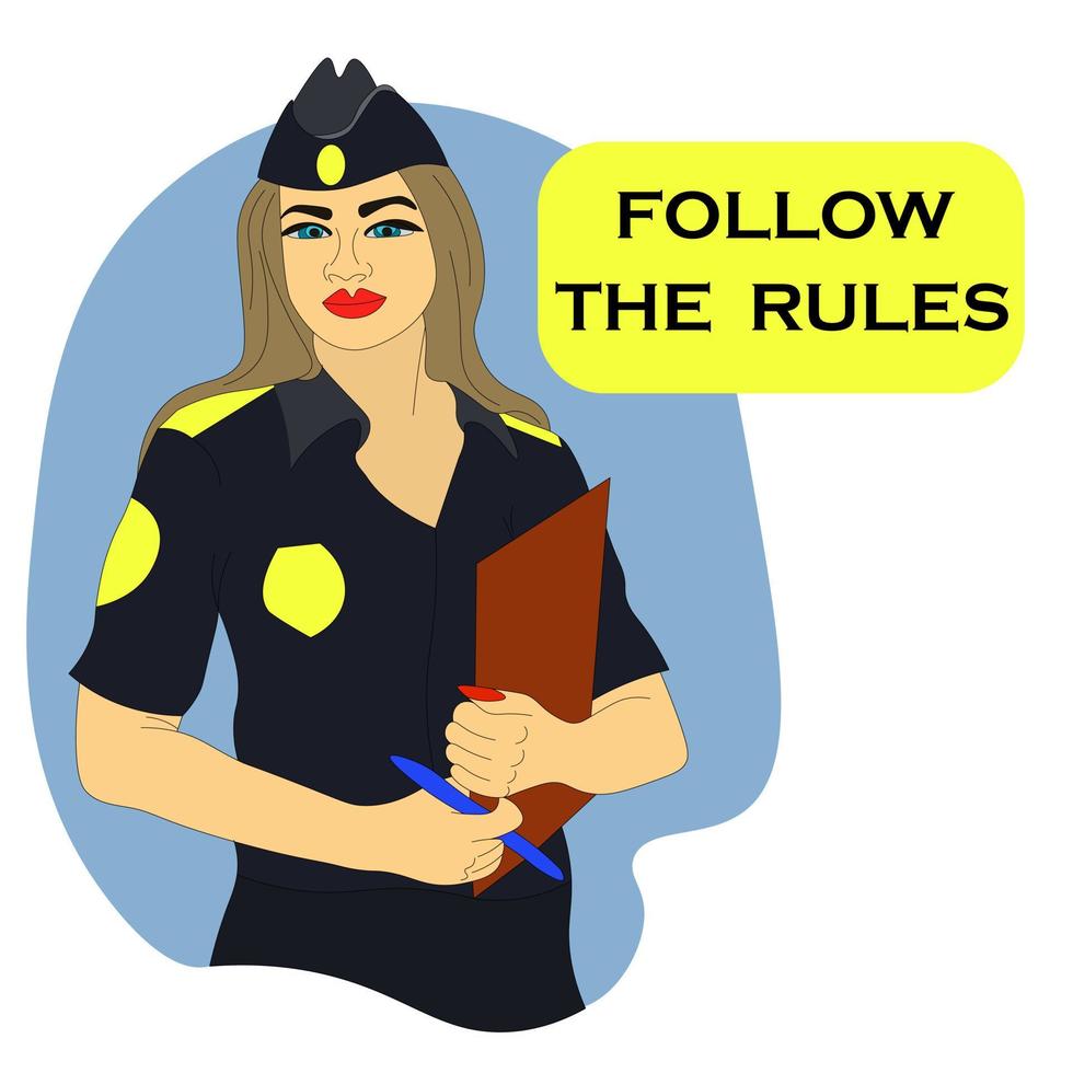 mujer policía con uniforme y gorra, inspectora, detective, investigadora tiene documentos y una carpeta en sus manos. mujer estricta. banner sigue las reglas. estudiar la ley. para blog, volante, sitio web. vector