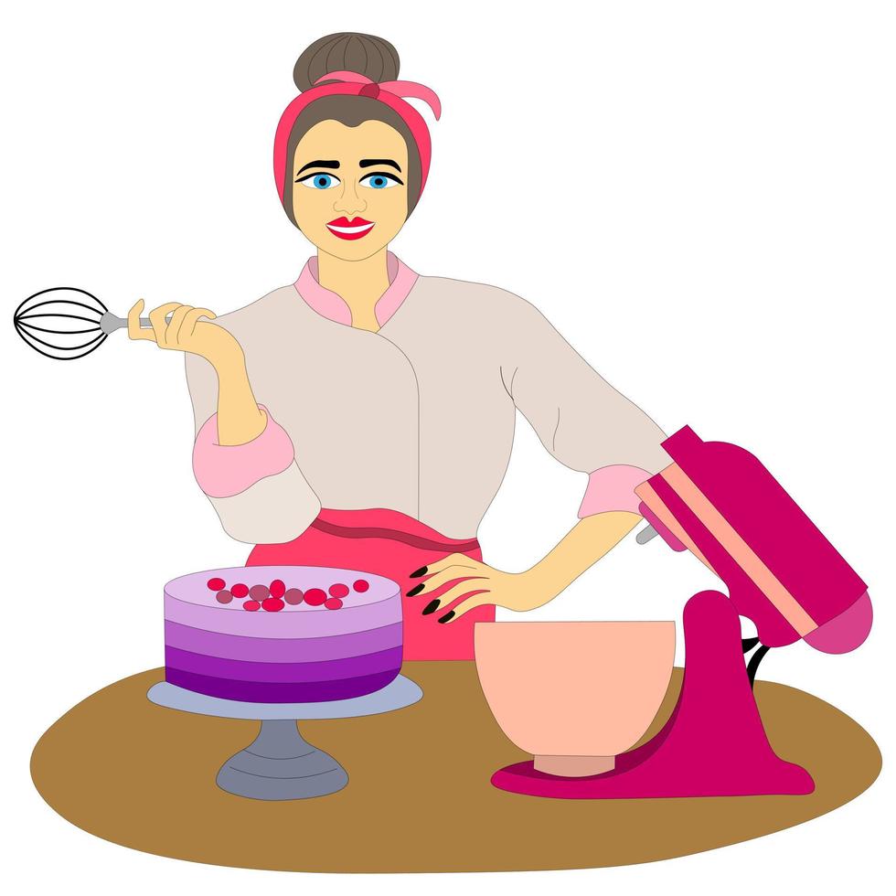 pastry chef girl, baker holds whisk in her hands, cooked cake on platter is on the table and planetary mixer. Culinary master class. Suitable for cover art, advertising, blog, menu. Vector