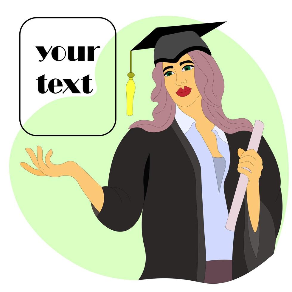 graduate girl in robe and hat, holding scroll about graduation from school, institute, master's degree, and pointing to an empty field FOR YOUR TEXT. Suitable for banners, posters, graduation albums. vector