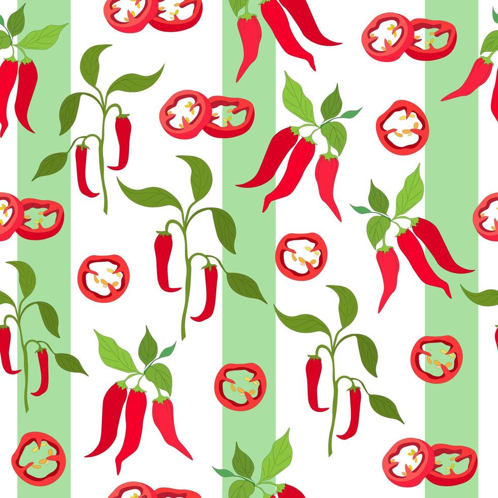 Seamless pattern of pepper pods on a branch and slices, pieces of red chili pepper. Hot pepper, paprika and spices. striped pattern of the cover, advertising, blog, menu and printing on fabric. Vector