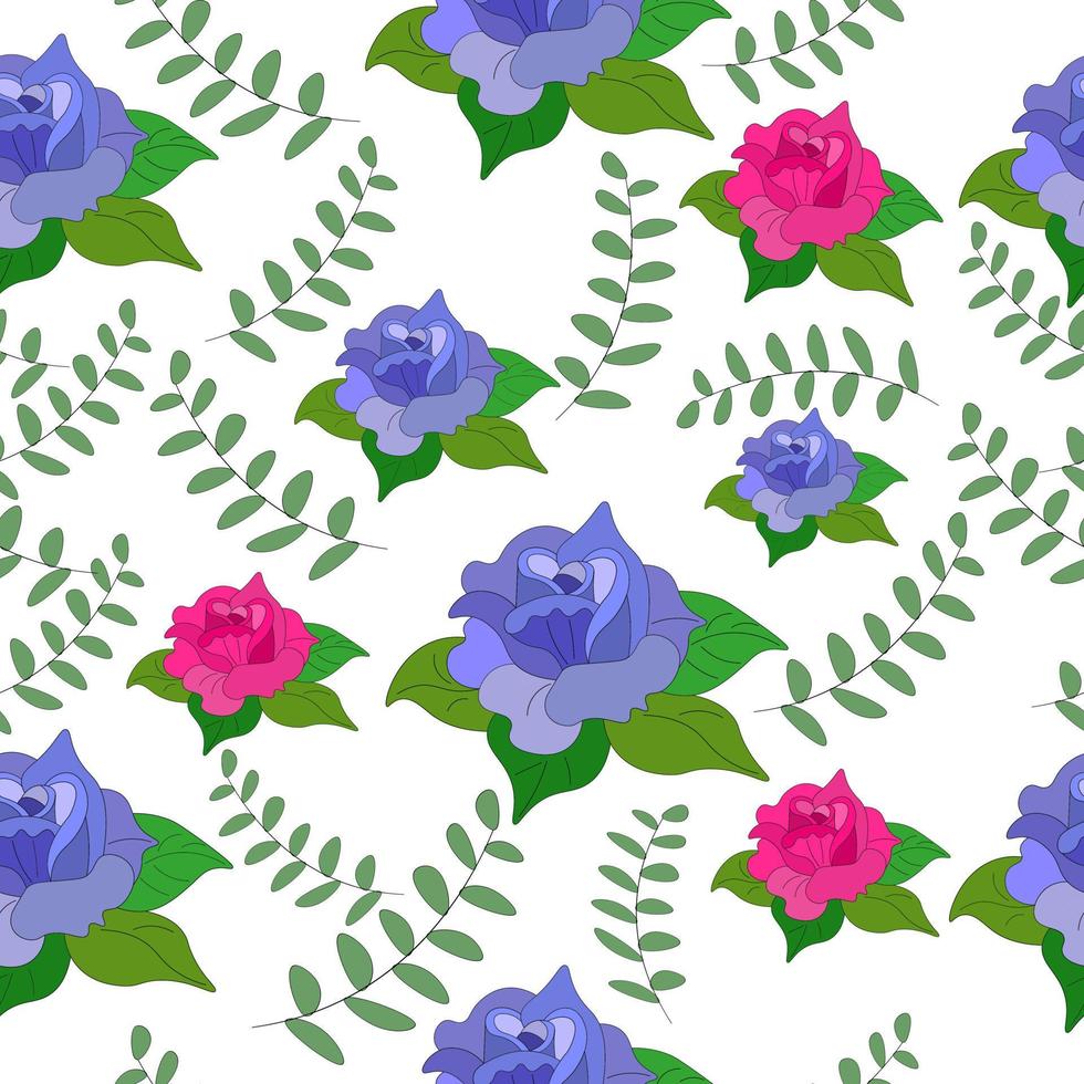 Botanical seamless pattern pink and blue blooming rose with leaves, branches of greenery. Floral illustration for booklet, invitation card, fabric printing, diary cover. rose day, the flower of love vector