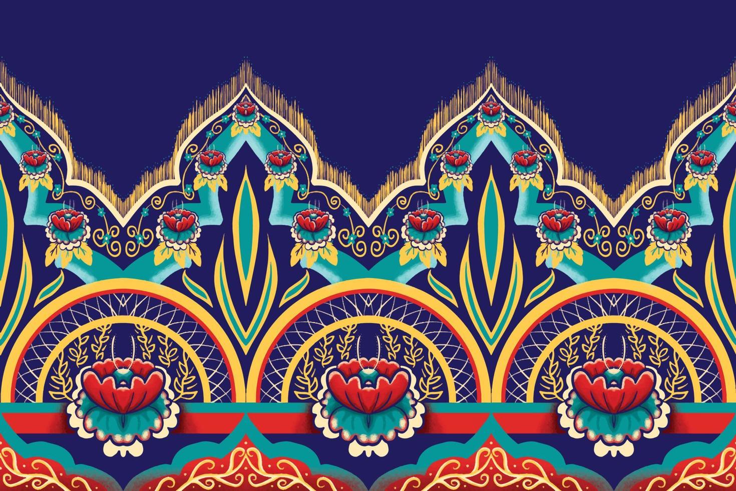 Red Green Flower on Navy Blue. Geometric ethnic oriental pattern traditional Design for background,carpet,wallpaper,clothing,wrapping,Batik,fabric, Vector illustration embroidery style