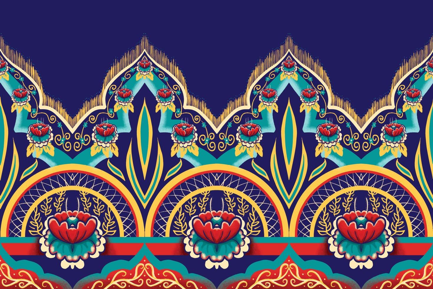 Red Green Flower on Navy Blue. Geometric ethnic oriental pattern traditional Design for background,carpet,wallpaper,clothing,wrapping,Batik,fabric, Vector illustration embroidery style