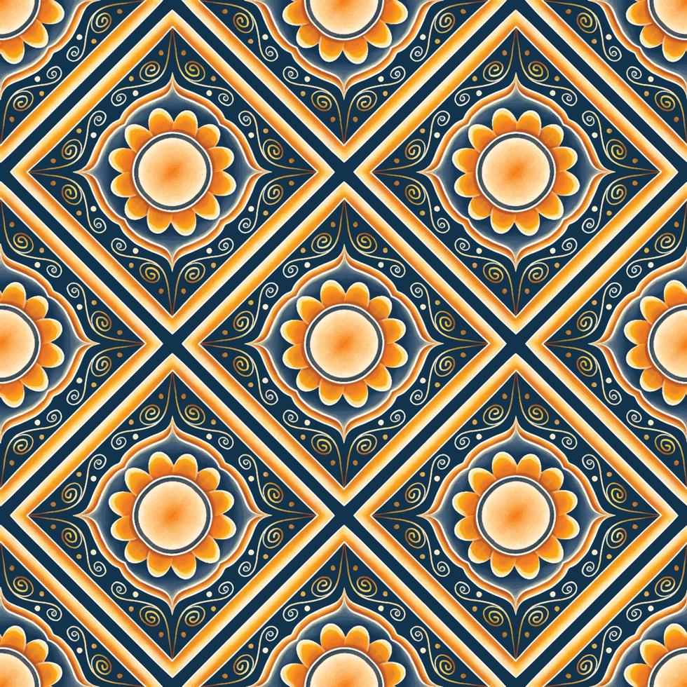 Yellow Orange Gold Flower on Indigo Blue. Geometric ethnic vector