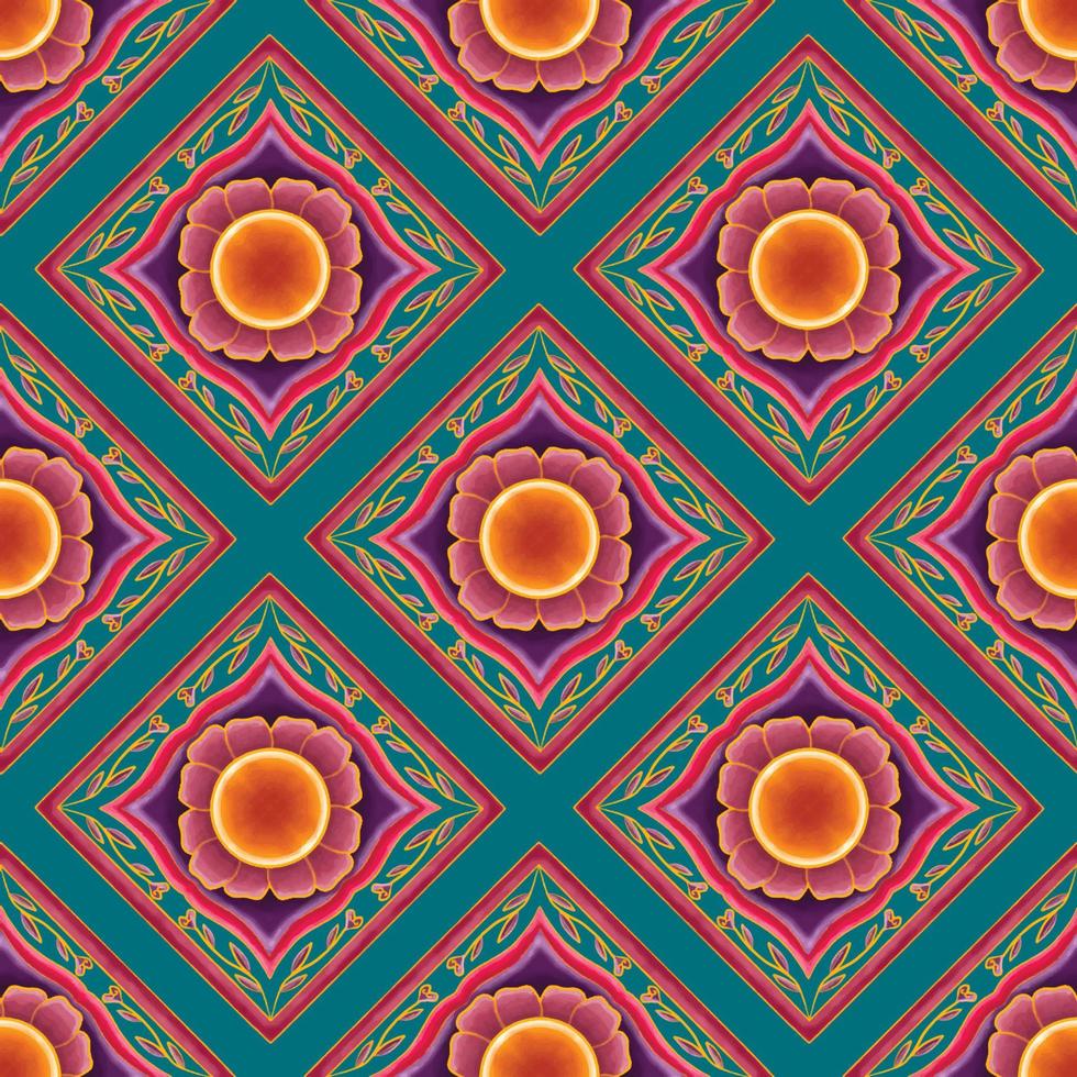 Pink Orange Flower on Green Teal. Geometric ethnic oriental pattern traditional Design for background,carpet,wallpaper,clothing,wrapping,Batik,fabric,Vector illustration embroidery style vector