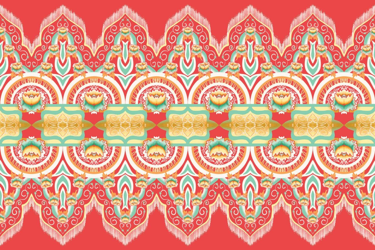 Yellow, Green, Orange Flower on Red. Geometric ethnic oriental pattern traditional Design for background,carpet,wallpaper,clothing,wrapping,Batik,fabric, vector illustration embroidery style