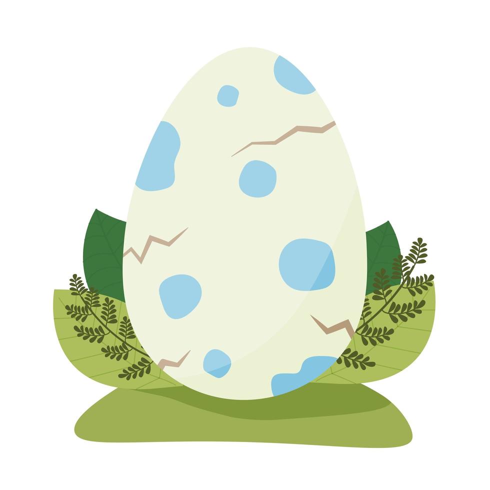 Spotted dinosaur egg on the grass. Little dinosaur birthday. Blue spots. Vector illustration isolated on white background