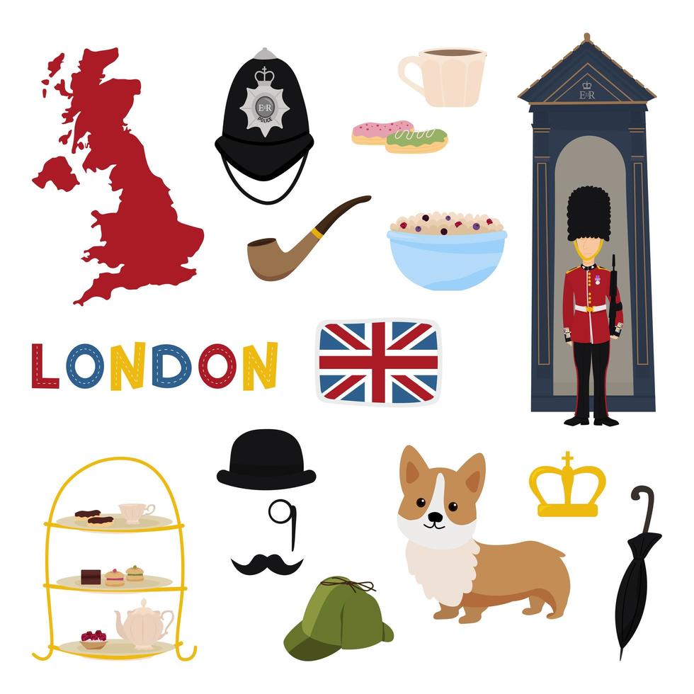 Set of objects and symbols related to London and England vector