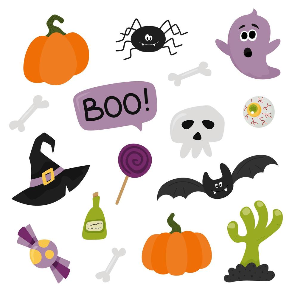 Set of cute vector Halloween elements, objects and icons