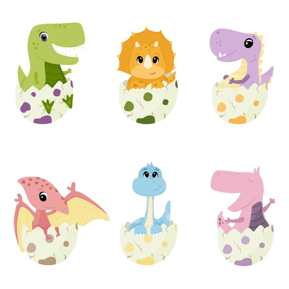 Set of cute baby dinosaurs in an egg shell. Cute baby tyrannosaurus, brontosaurus, triceratops, diplodocus, pterodactyl. Dragon in egg vector