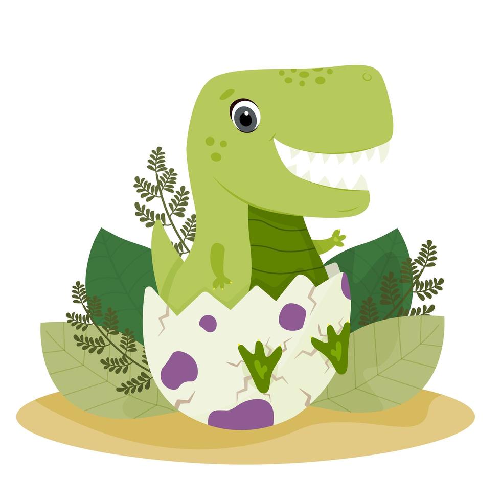 Baby tyrannosaurus in an egg shell. Cute green dinosaur in an egg. Dragon in a shell vector