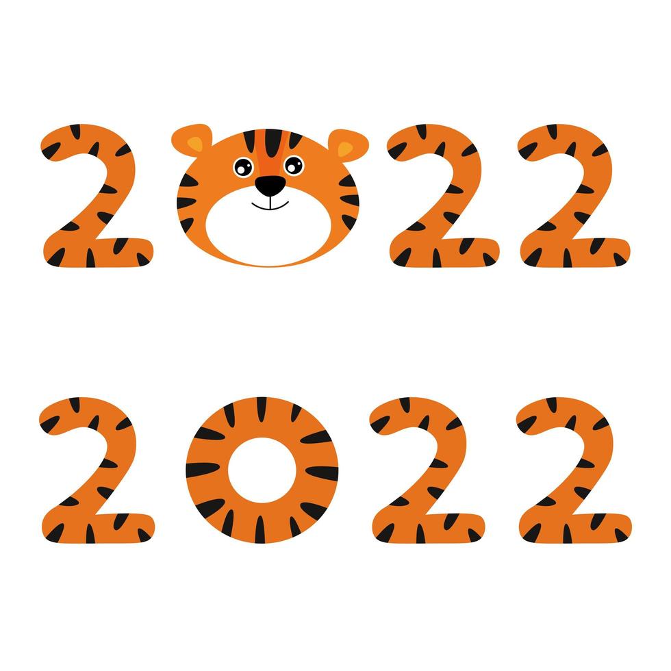 Símbolo de saludo de año nuevo 2022 con cabeza de tigre caricaturesca vector