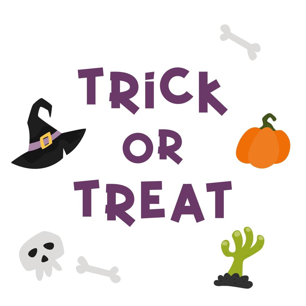 inscripción púrpura para trek de halloween o trato con elementos vectoriales. sombrero, calavera, hueso, calabaza, mano zombie vector