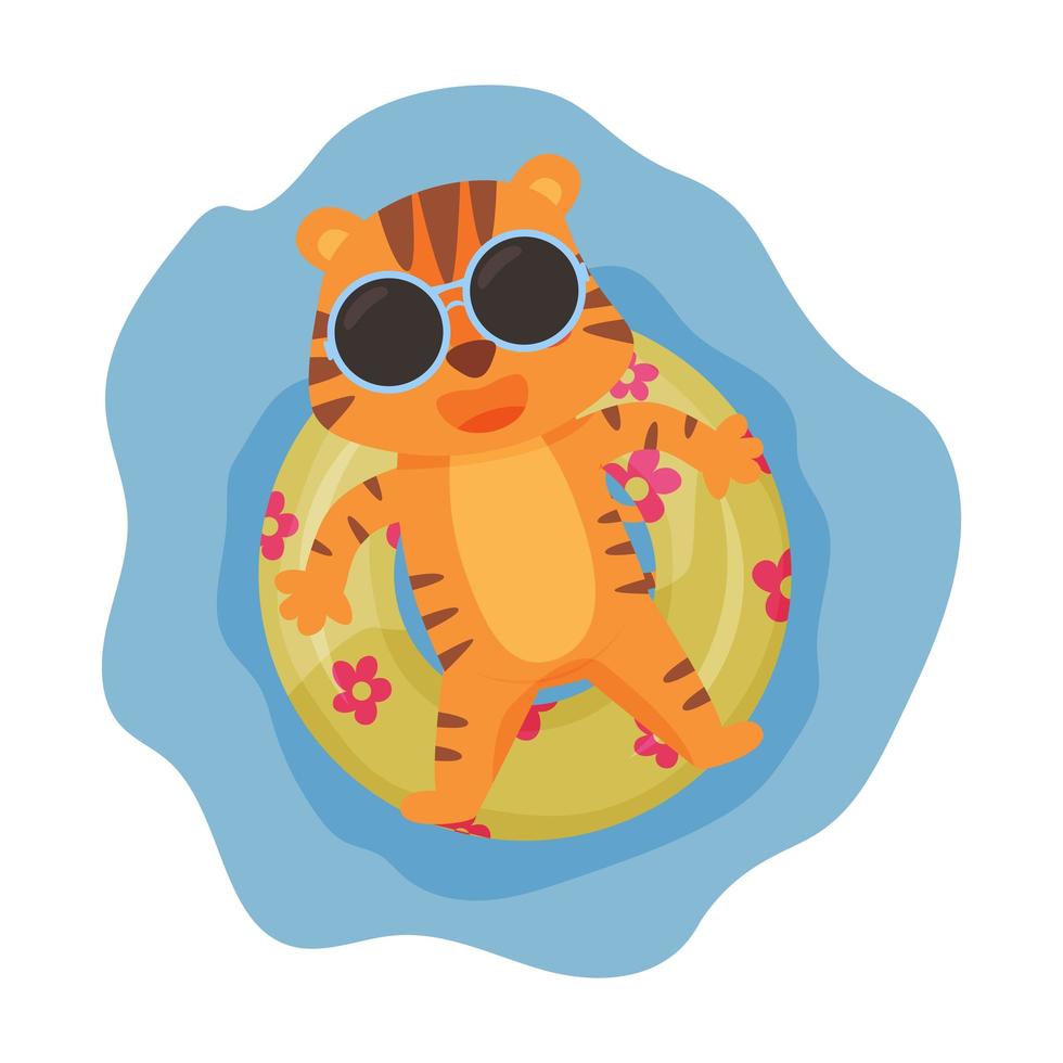 Cartoon tiger in sunglasses on a swim ring, vector illustration isolated on white background