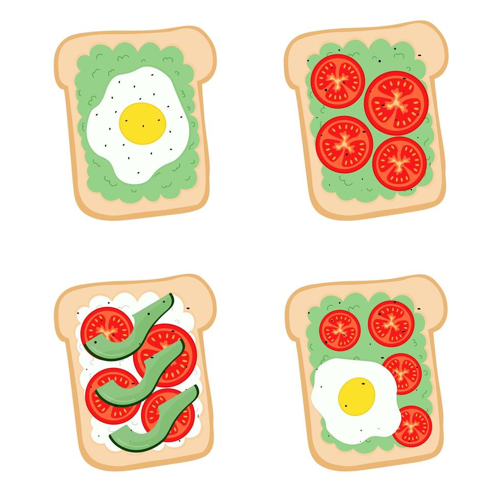 Set of toasts with avocado, fried egg, tomato slices on white bread. Healthy breakfast. Vegetarian food vector