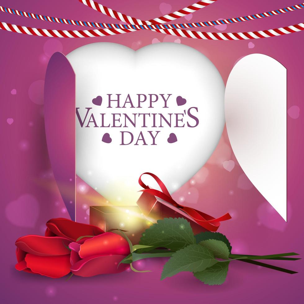 Valentine's Day greeting pink card template with heart and flowers vector