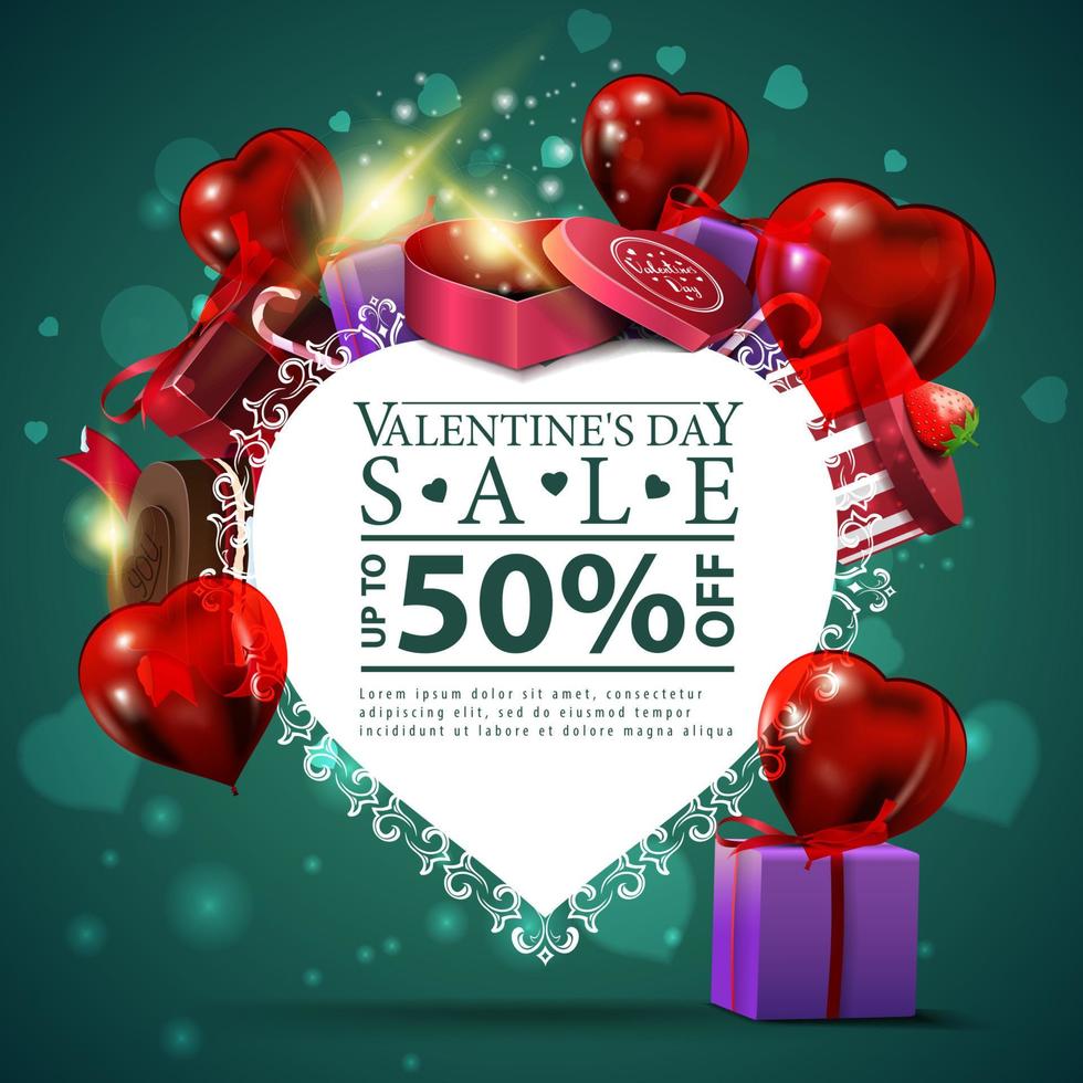 Green Valentine's day discount card template with paper heart, mountain of gifts and chocolate candy vector