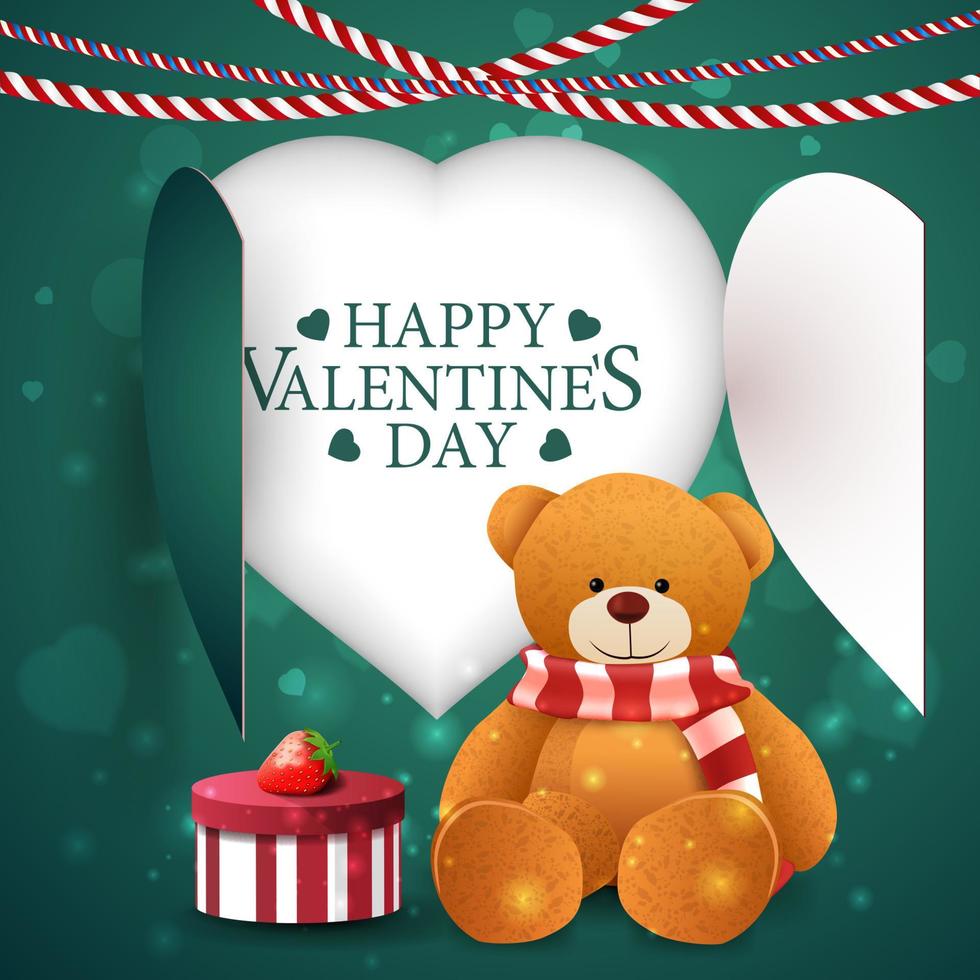 plantilla de tarjeta verde de felicitación del día de san valentín con corazón, oso de peluche y regalo vector