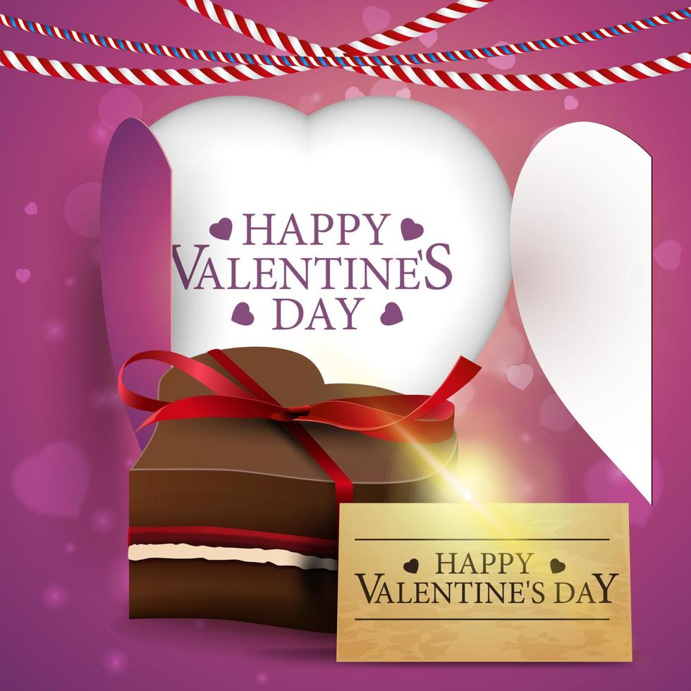 plantilla de tarjeta rosa de felicitación del día de san valentín con corazón y caramelos de chocolate en forma de corazón vector