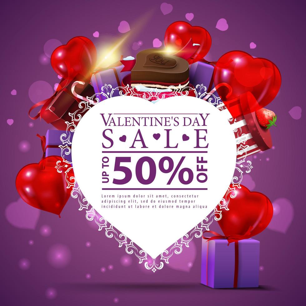 Purple Valentine's day discount card template with paper heart, mountain of gifts and chocolate candy vector