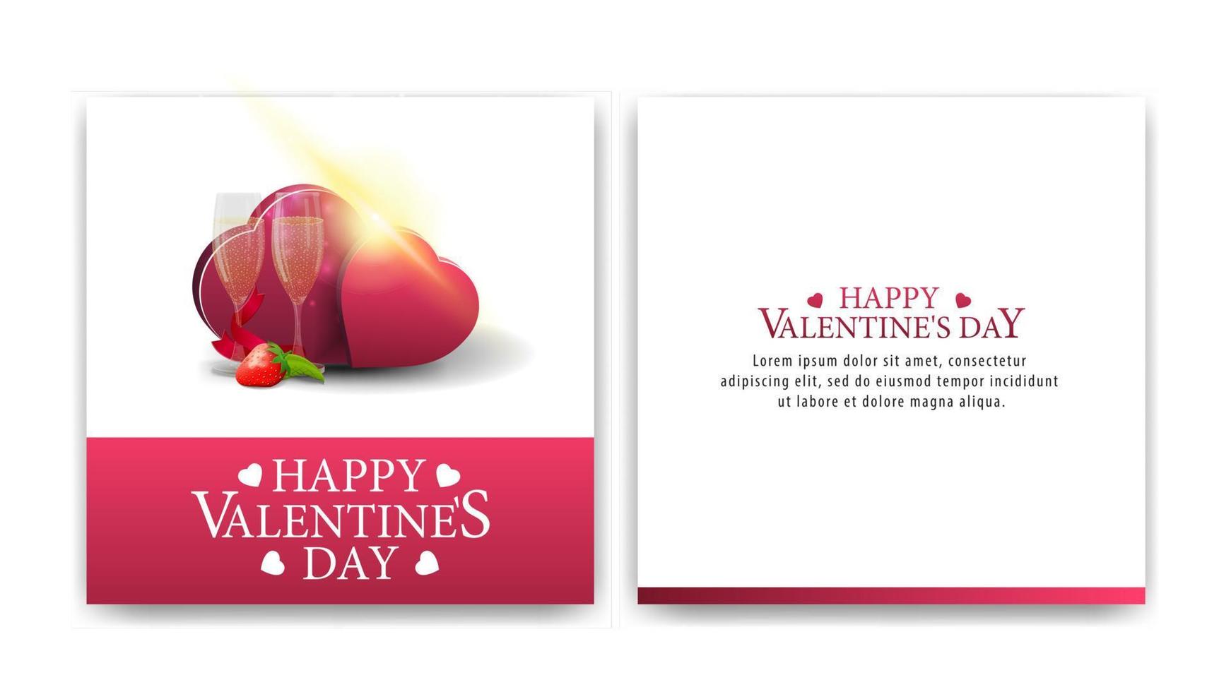 Valentine's day greeting white card with glasses of champagne and two hearts vector