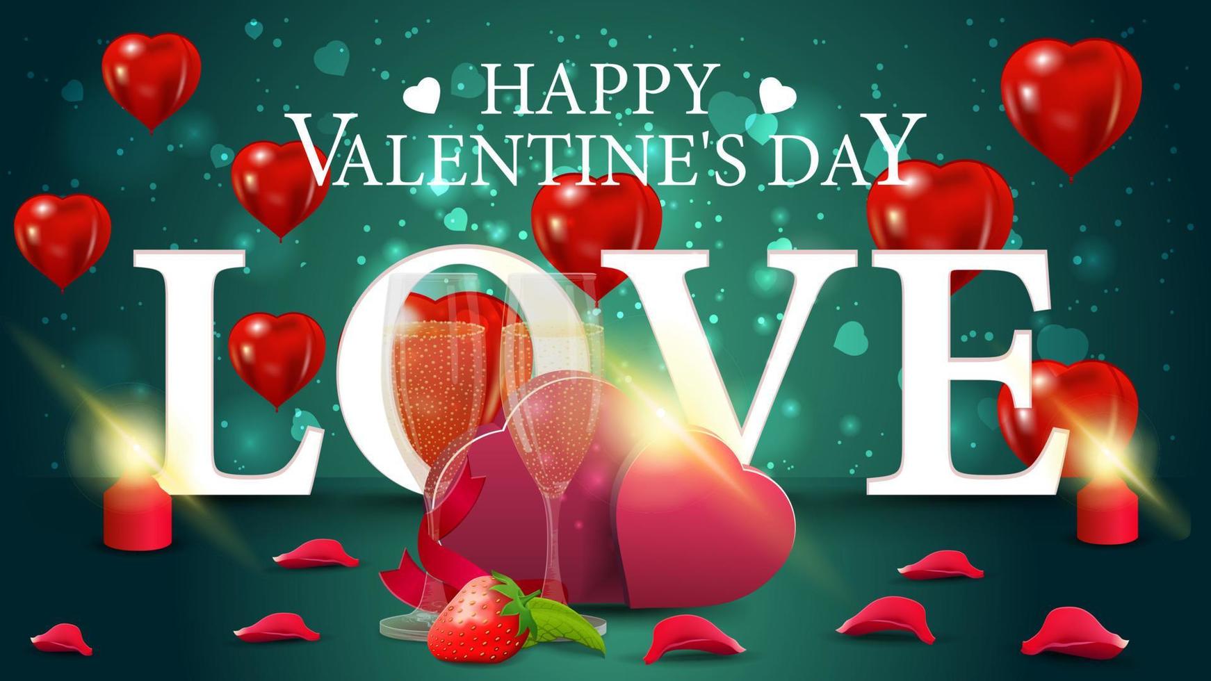 Horizontal green Valentine's day greeting card with giftt in form of hearts and glasses of champagne vector