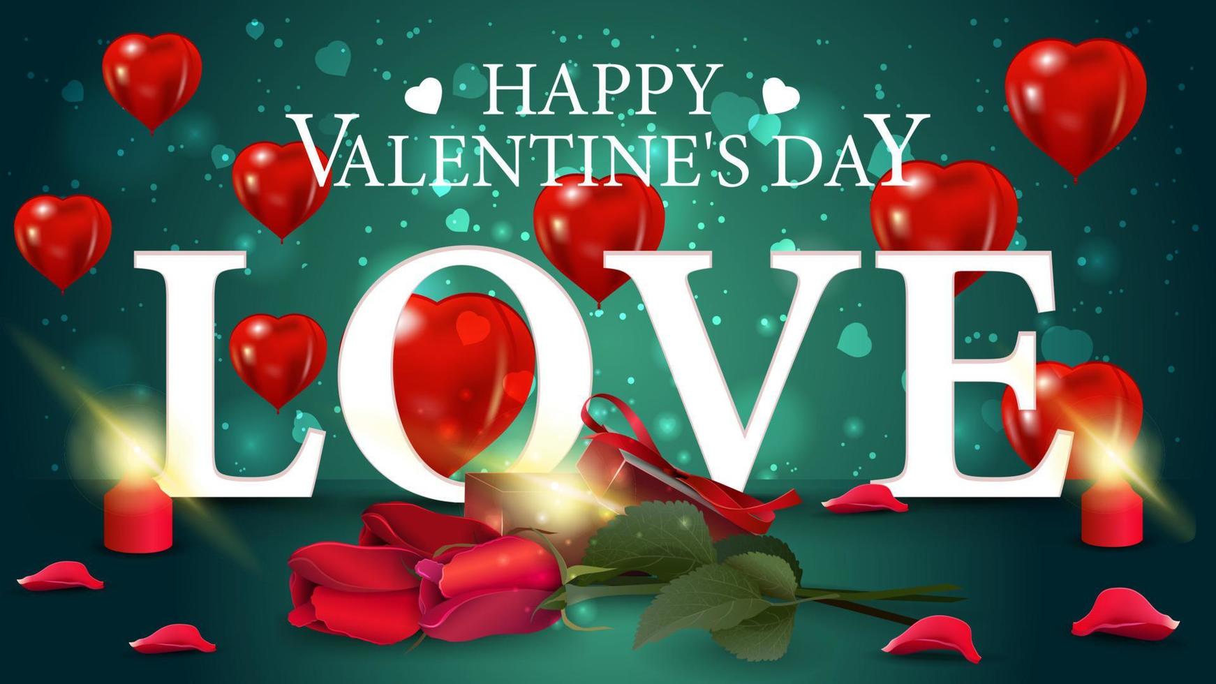 Horizontal green Valentine's day greeting card with giftt and flowers vector