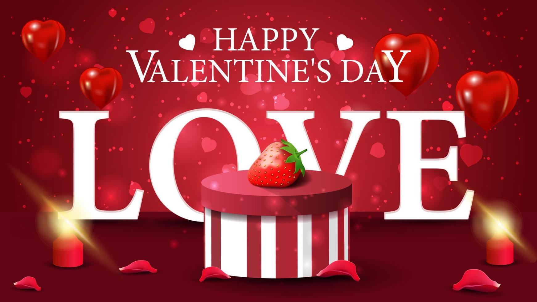 Horizontal red Valentine's day greeting card with gift and strawberry vector