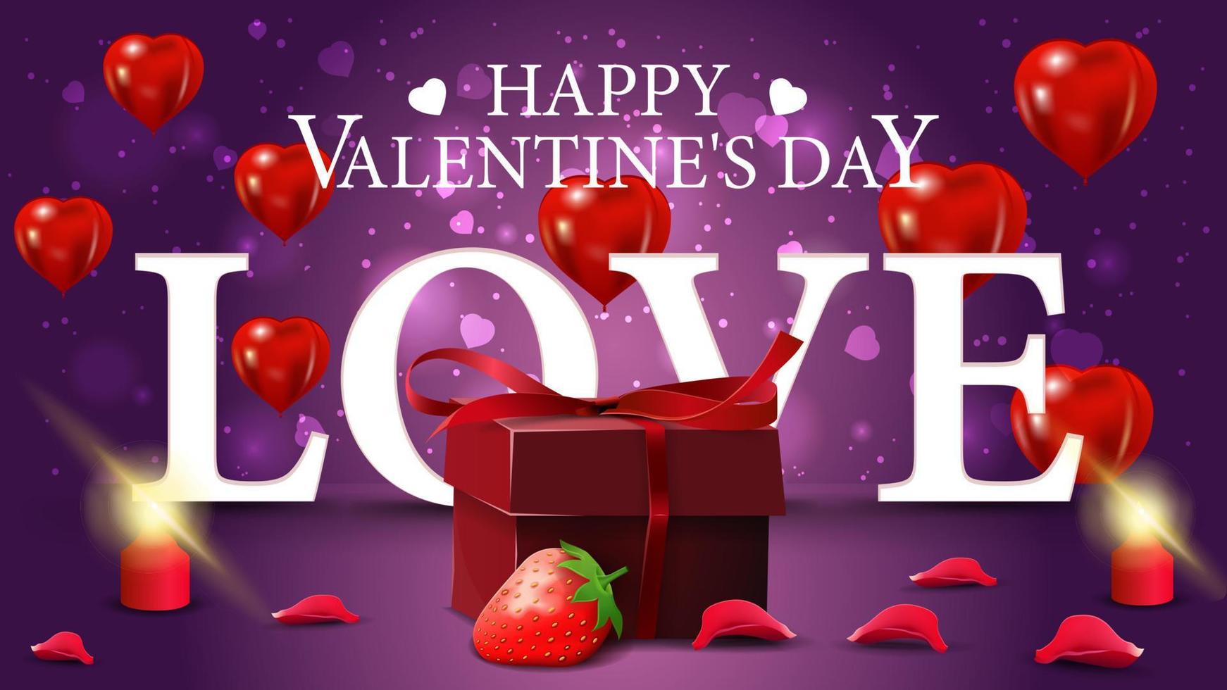 tarjeta de felicitación del día de san valentín púrpura horizontal con regalo y fresa vector