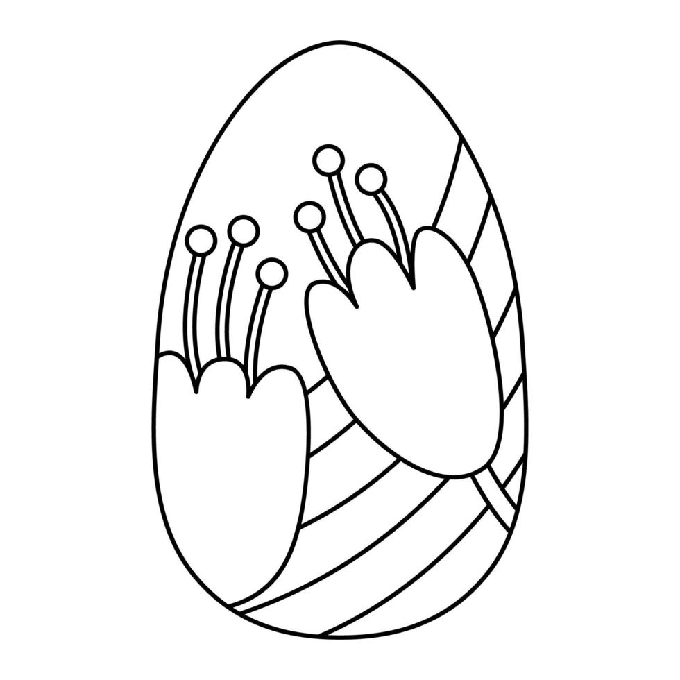 Cute egg decorated with spring tulip flowers. Great for Easter greeting cards, coloring books. Doodle hand drawn illustration black outline. vector