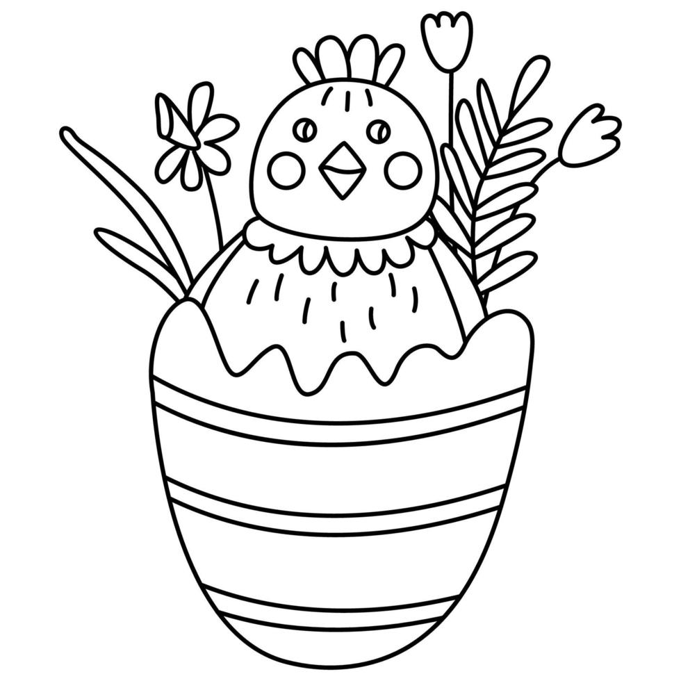 Cute little chicken in egg decorated with spring flowers. Great for Easter greeting cards, coloring books. Doodle hand drawn illustration black outline. vector