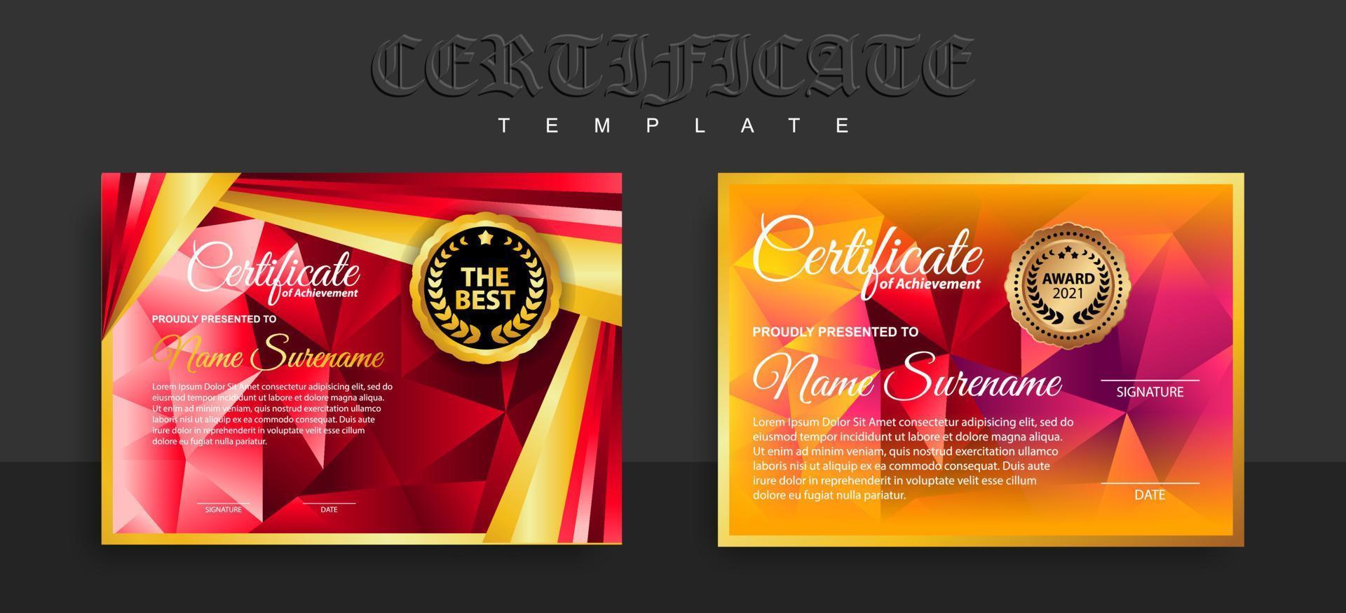 plantilla de certificado moderna en colores de gradación y oro, estilo lujoso y moderno e imagen vectorial de estilo de premio. adecuado para la apreciación vector